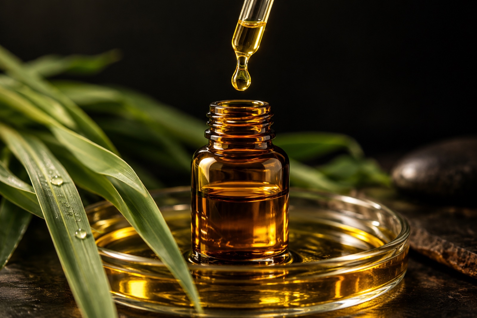 Illustrative studio photograph: Glass pipette and golden oil droplet above an amber bottle